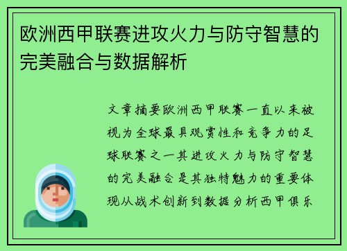 欧洲西甲联赛进攻火力与防守智慧的完美融合与数据解析